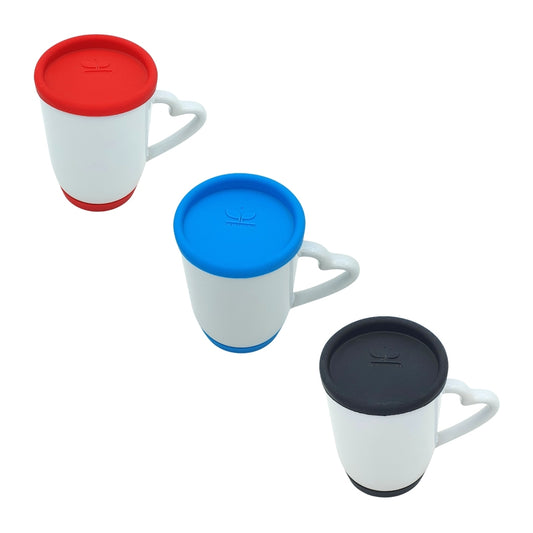 White Ceramic Mug with Heart-Shaped Handle and Colorful Rubber Cover – Red, Blue, Black Options