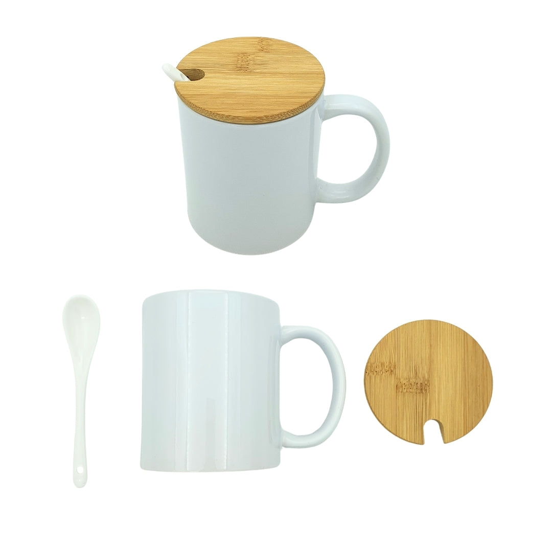 Ceramic Mug with Wooden Cap and Spoon – Customizable Mug Set for Unique Designs