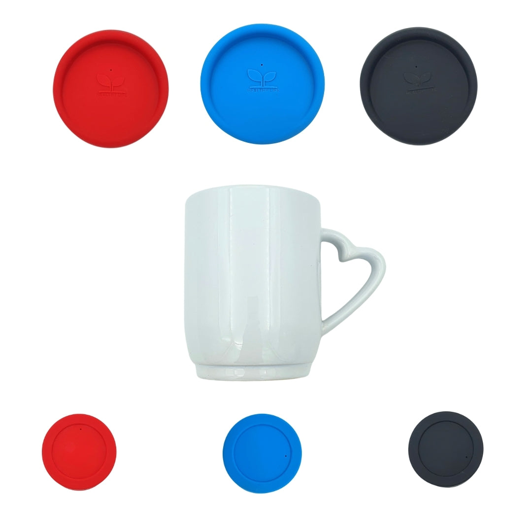 White Ceramic Mug with Heart-Shaped Handle and Colorful Rubber Cover – Red, Blue, Black Options