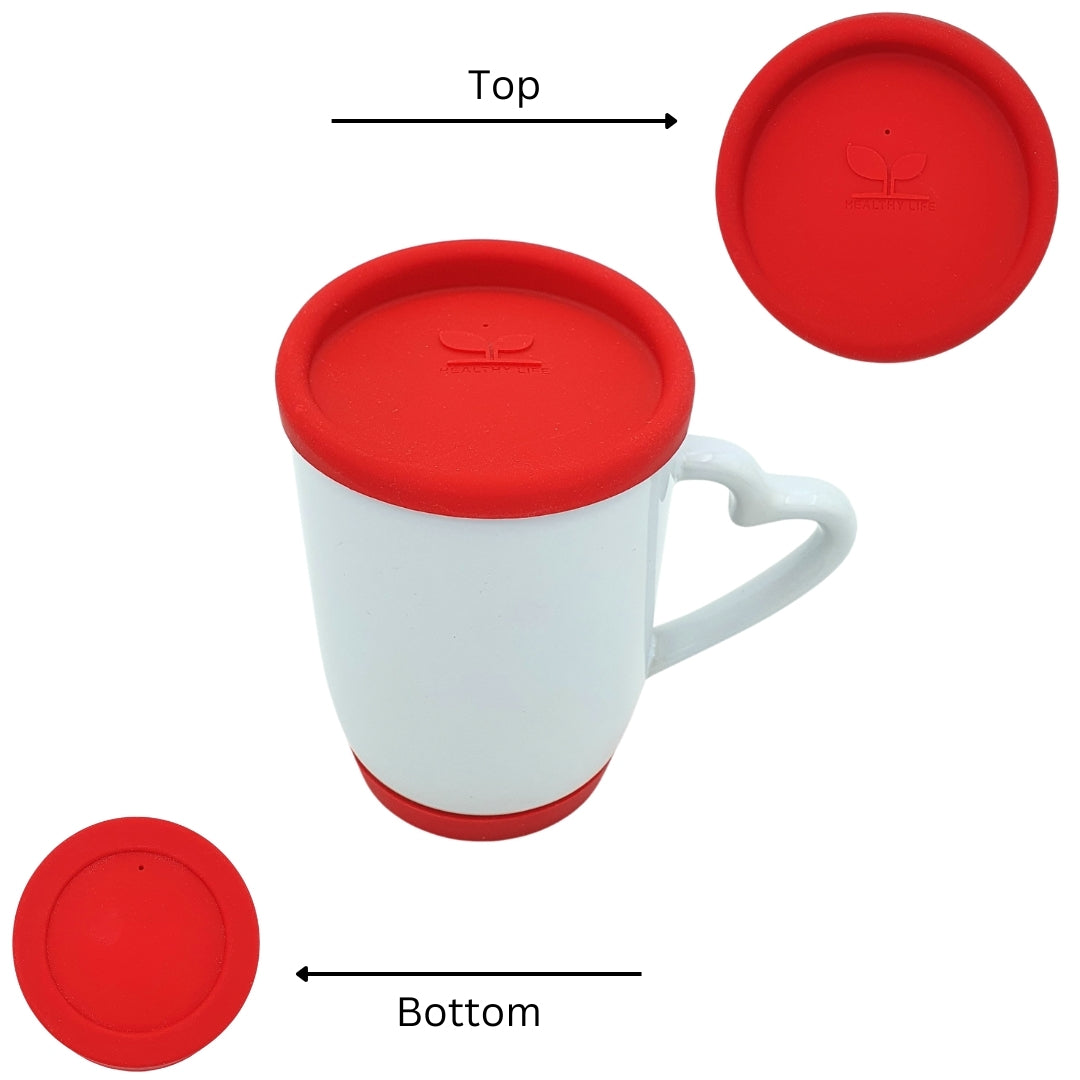 White Ceramic Mug with Heart-Shaped Handle and Colorful Rubber Cover – Red, Blue, Black Options