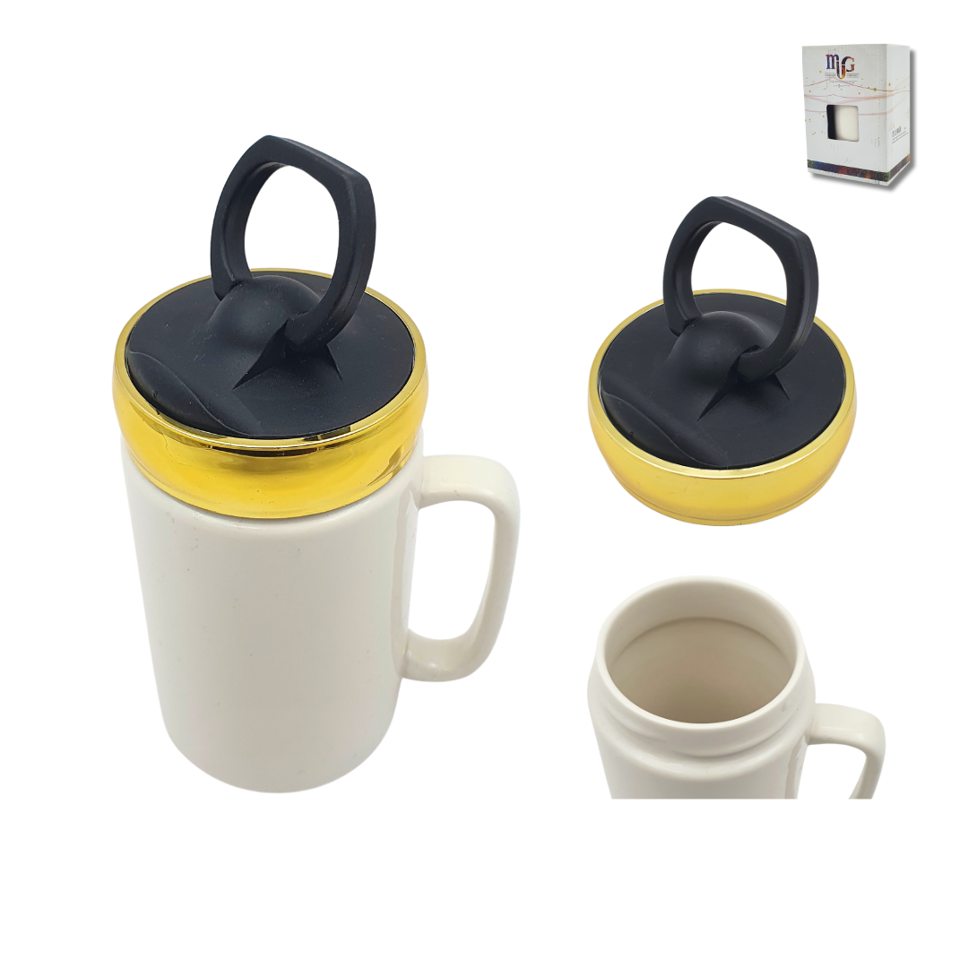 Golden Chrome Ceramic Mug with Black Lid and Handle Great For Sublimation